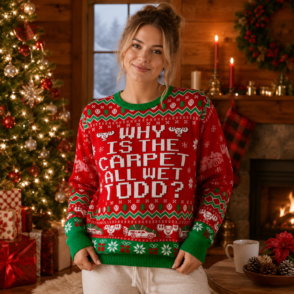 ugly christmas sweater with why is the carpet all wet todd quote