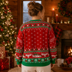 back view of the red and green jacquard knit christmas vacation pullover