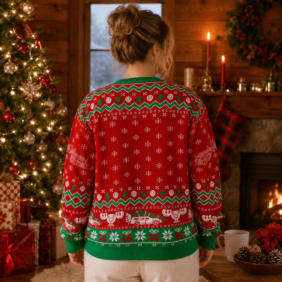 back view of the red and green jacquard knit christmas vacation pullover
