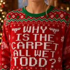 close up of the todd quote knitted into the red ugly christmas