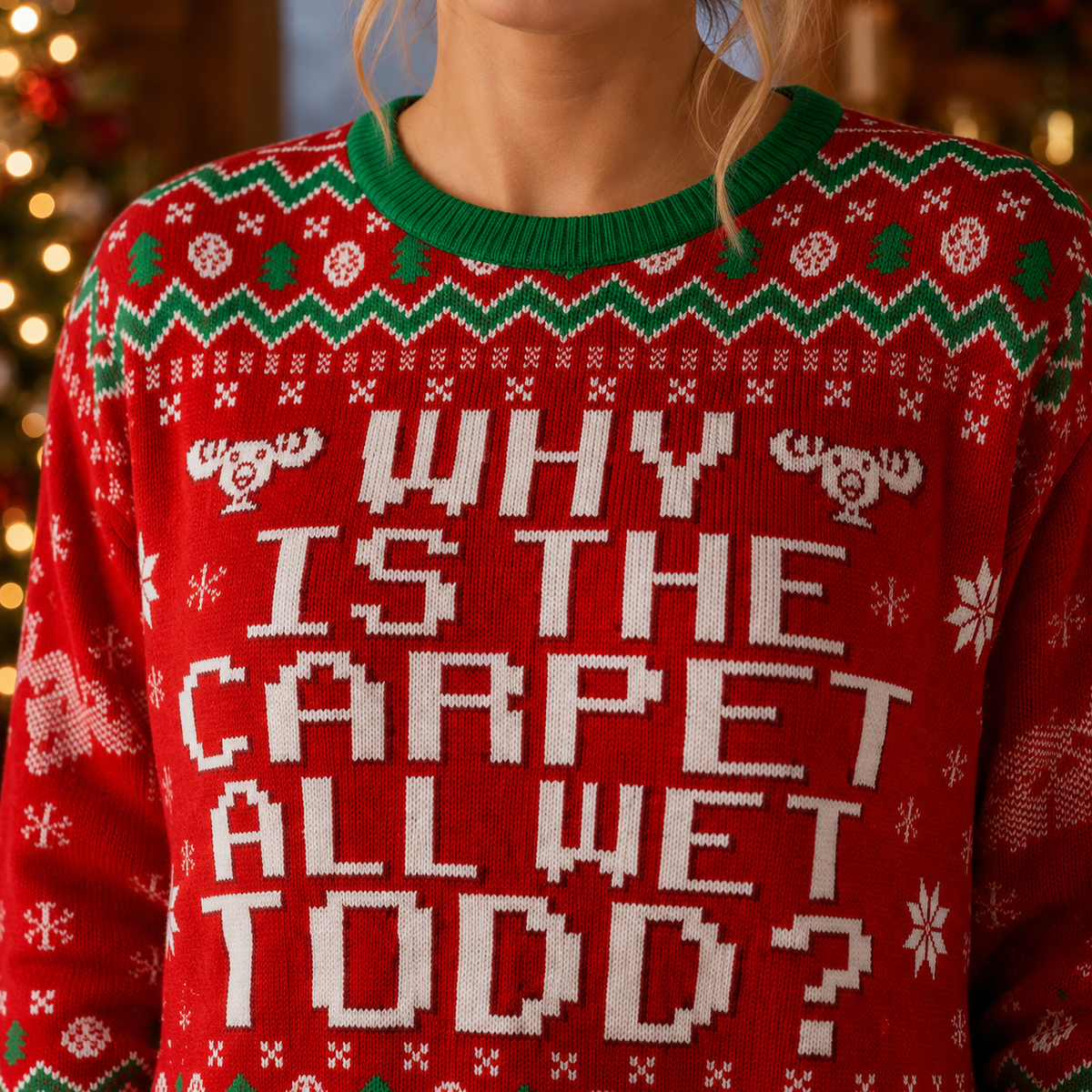close up of the todd quote knitted into the red ugly christmas
