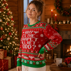woman wearing the national lampoon christmas vacation knit sweater in front of