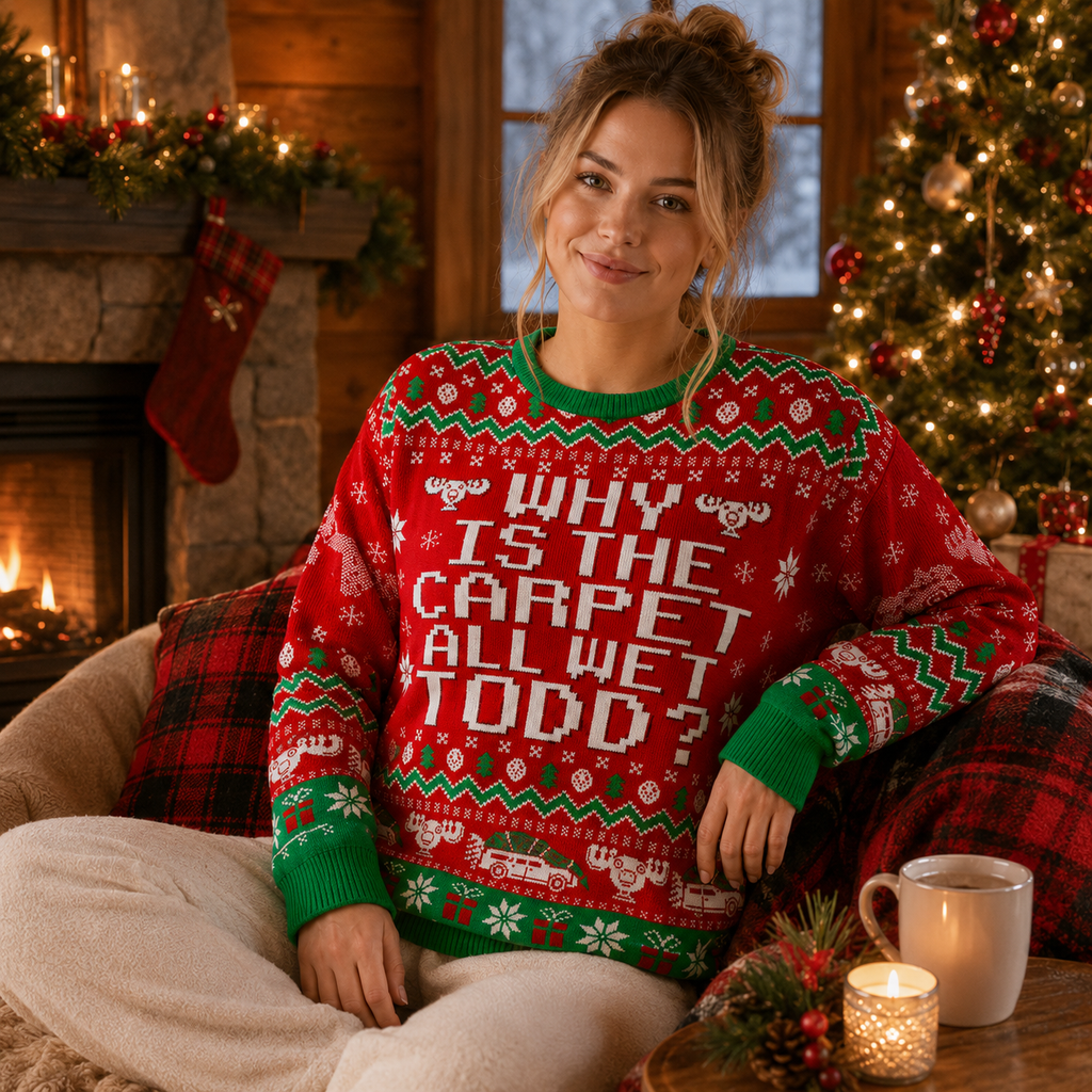 Christmas Vacation Todd Ugly Christmas Sweater, Why Is The Carpet All Wet Knit Jumper, Gifts For Movie Fans