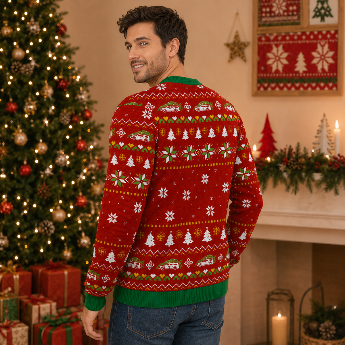 back view of the red knitted christmas vacation sweater showing snowflake and