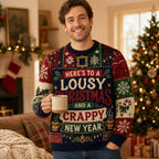 man wearing a multicolor national lampoon's christmas vacation ugly christmas sweater with
