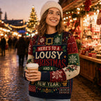 woman wearing the same multicolor national lampoon's christmas vacation ugly christmas sweater