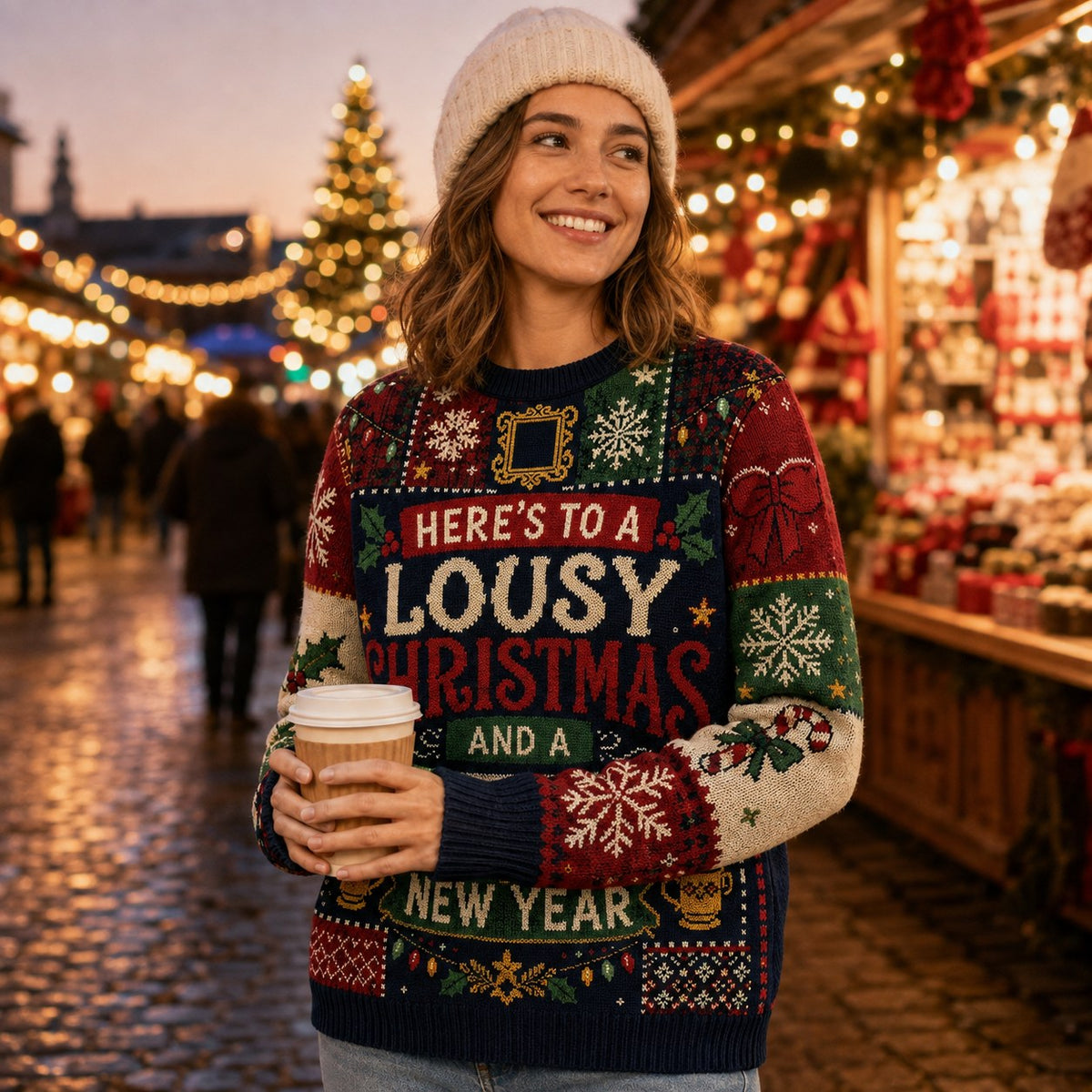 woman wearing the same multicolor national lampoon's christmas vacation ugly christmas sweater