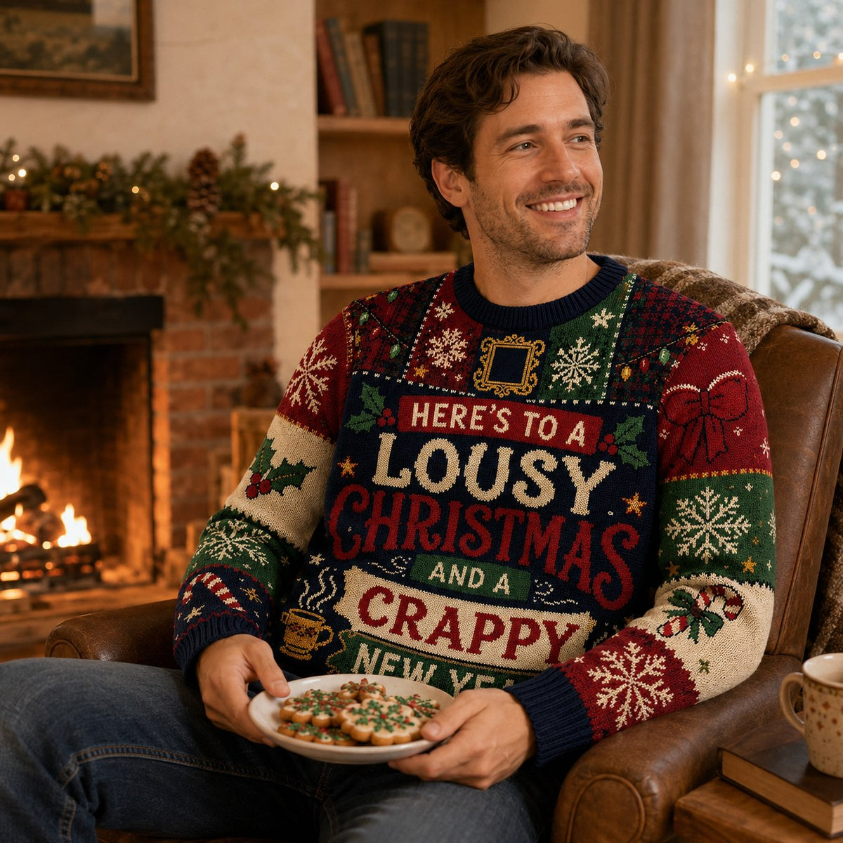 man relaxing in a leather armchair wearing the national lampoon's christmas vacation