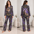 woman modeling a purple starry satin pajama set