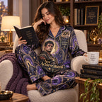 woman stretching her arms in a bright bedroom while wearing a printed