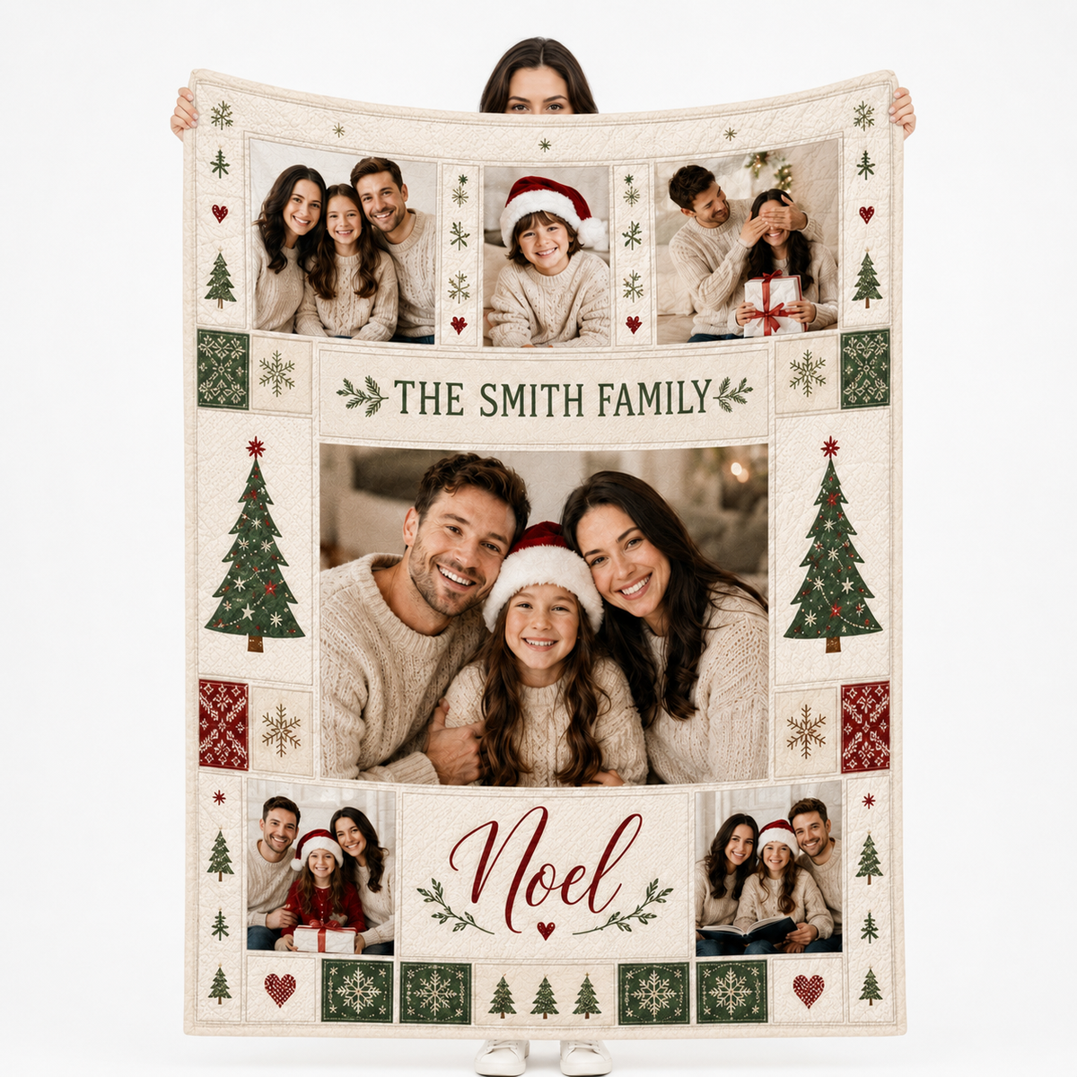 custom family photo christmas blanket held up flat
