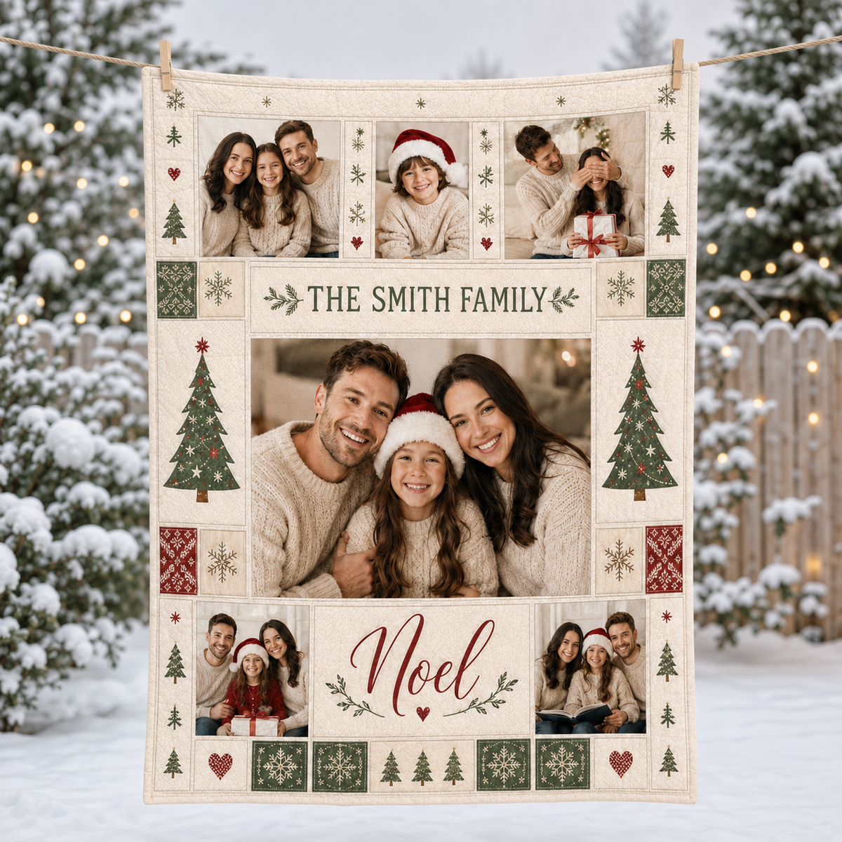 family photo blanket hanging outdoors in snow