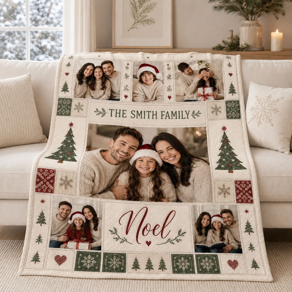 custom photo blanket draped on a living room sofa