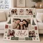 custom photo blanket draped on a living room sofa