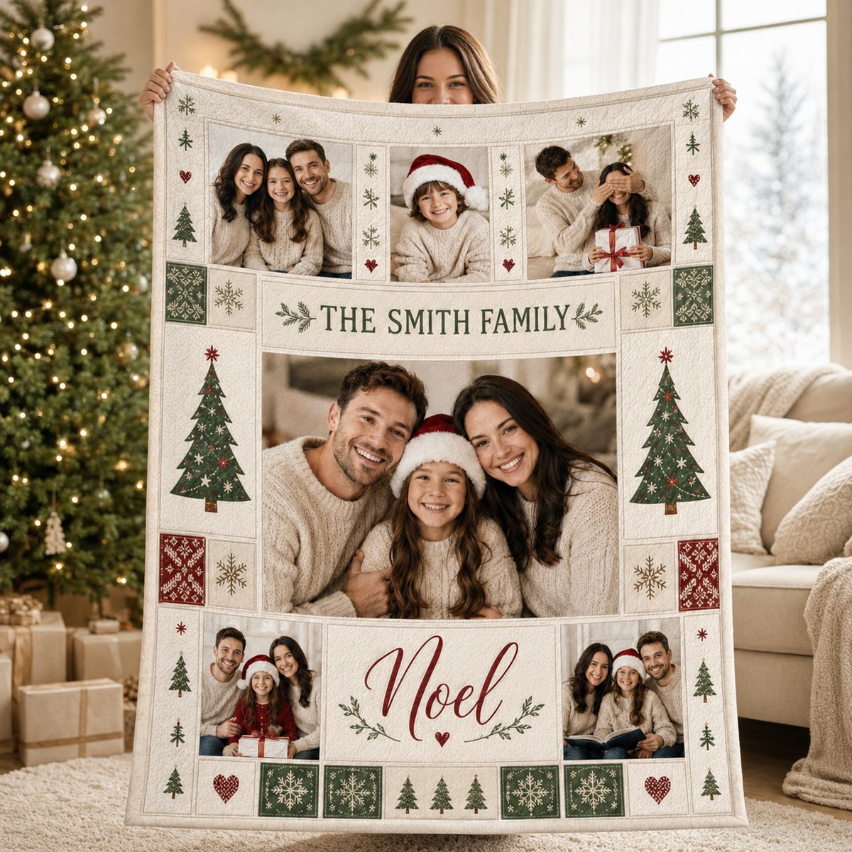 personalized family picture blanket shown indoors with tree