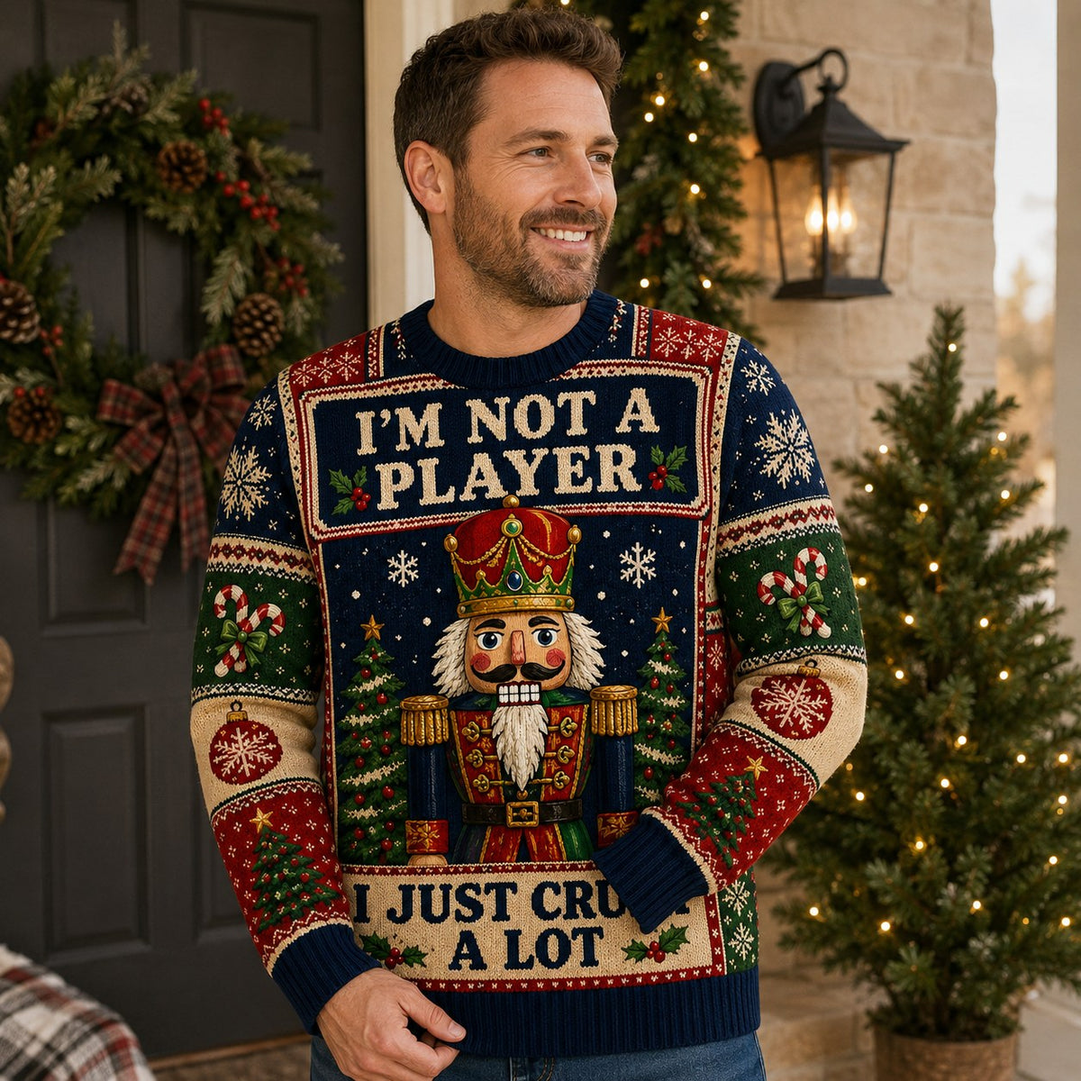 man in a nutcracker ugly christmas sweater standing by a holiday wreath