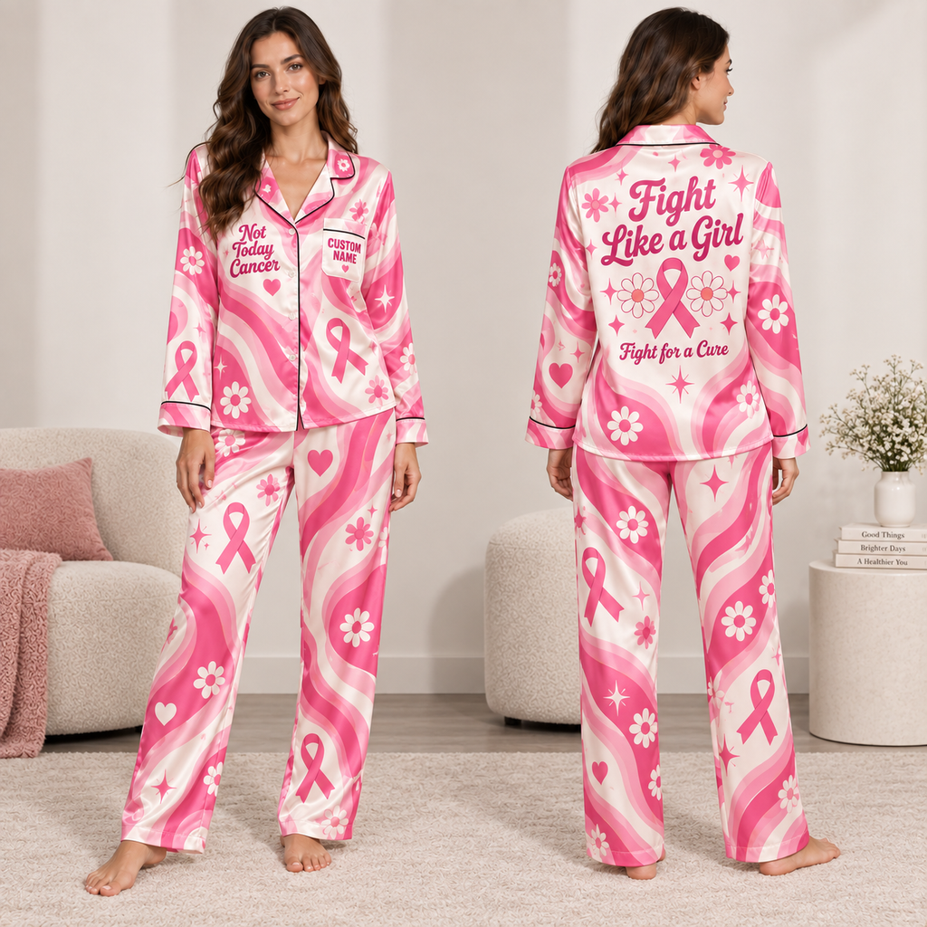 not today cancer satin pajama set with pink ribbon pattern front view