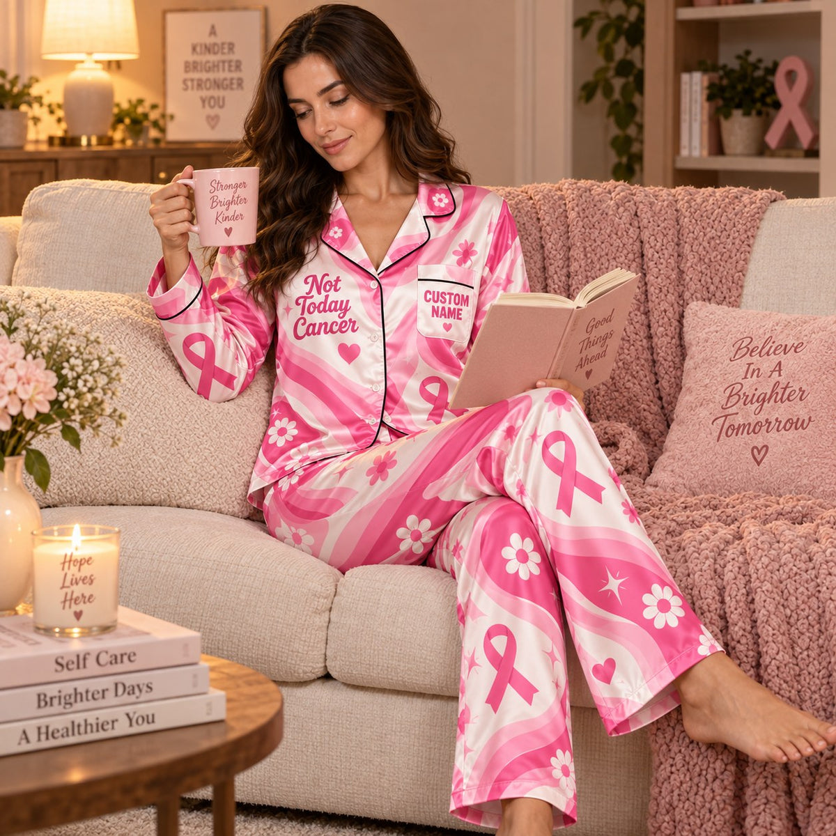 model in personalized pink ribbon pajamas standing by a window