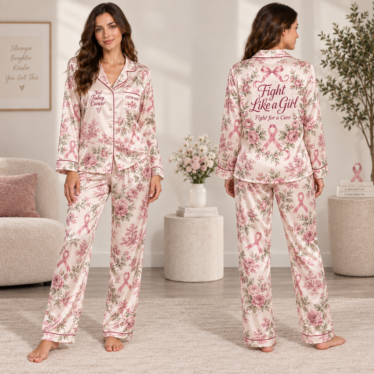 woman wearing pink breast cancer awareness satin pajama set