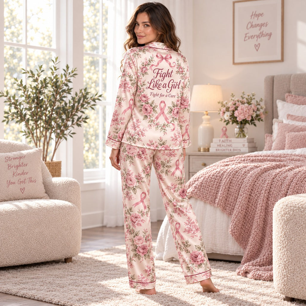 woman sitting on bed in personalized breast cancer awareness satin pajamas