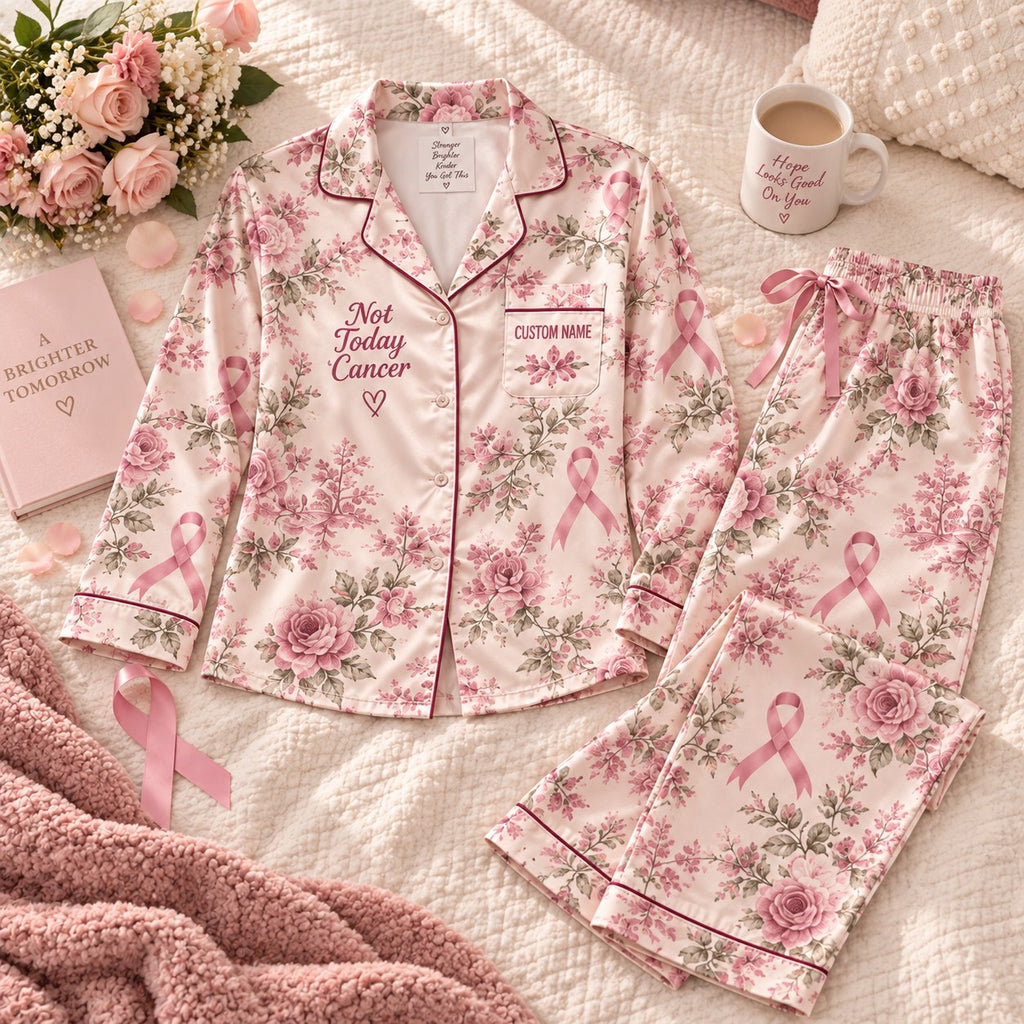 floral pink ribbon satin pajamas flat lay with a custom name on the chest