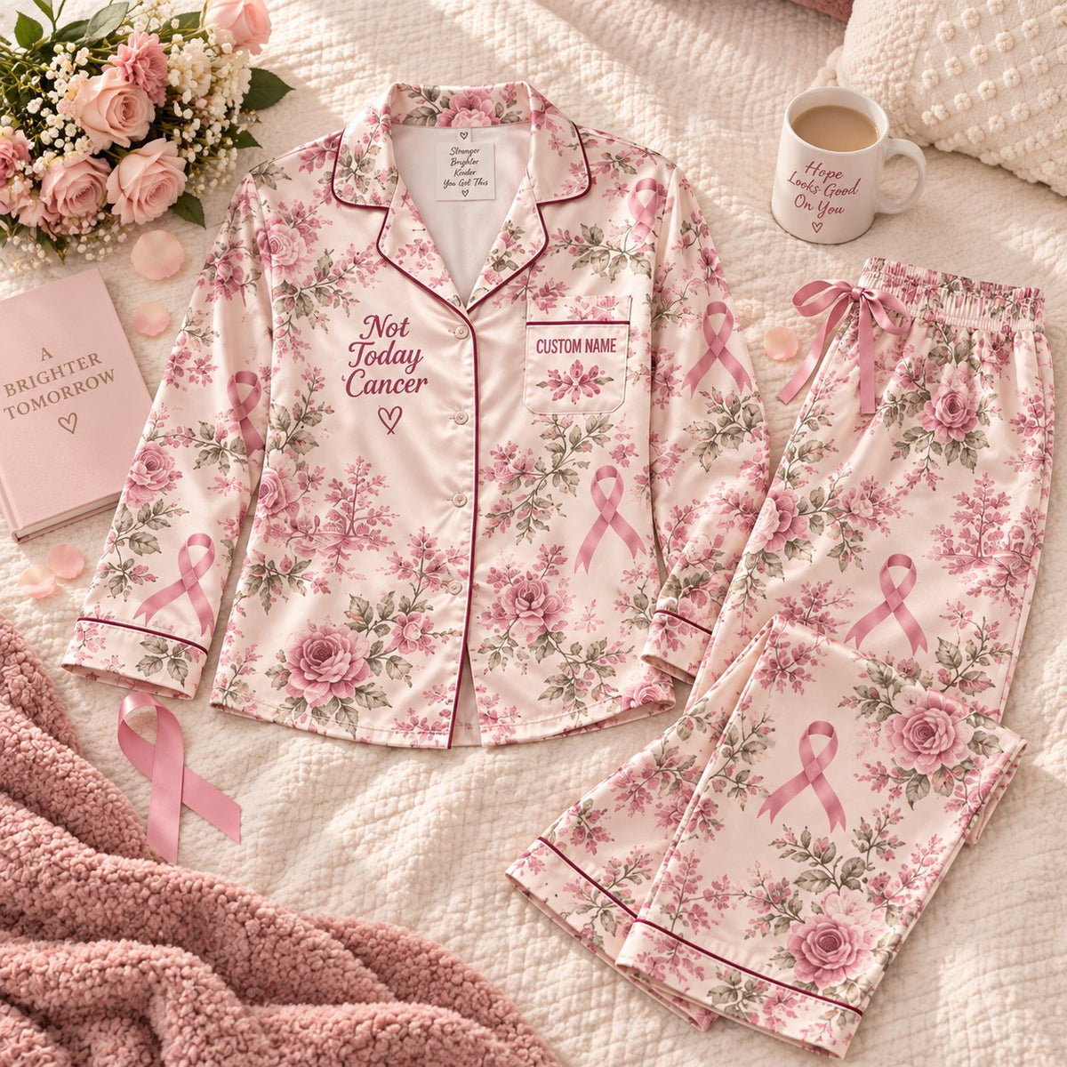 floral pink ribbon satin pajamas flat lay with a custom name on the chest