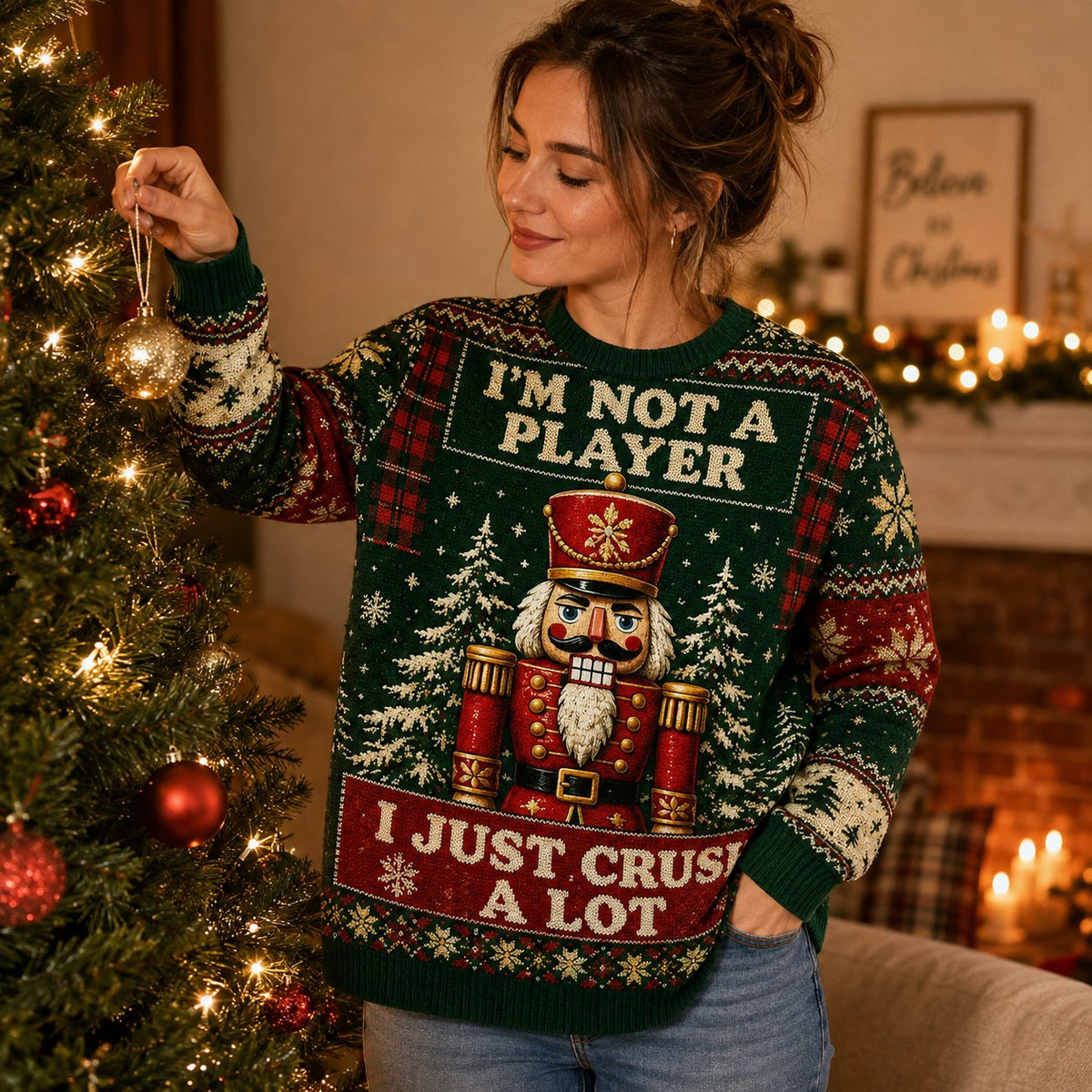 woman decorating a christmas tree wearing a nutcracker ugly christmas sweater with