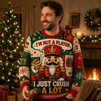 man wearing a nutcracker ugly christmas sweater in a festive living room