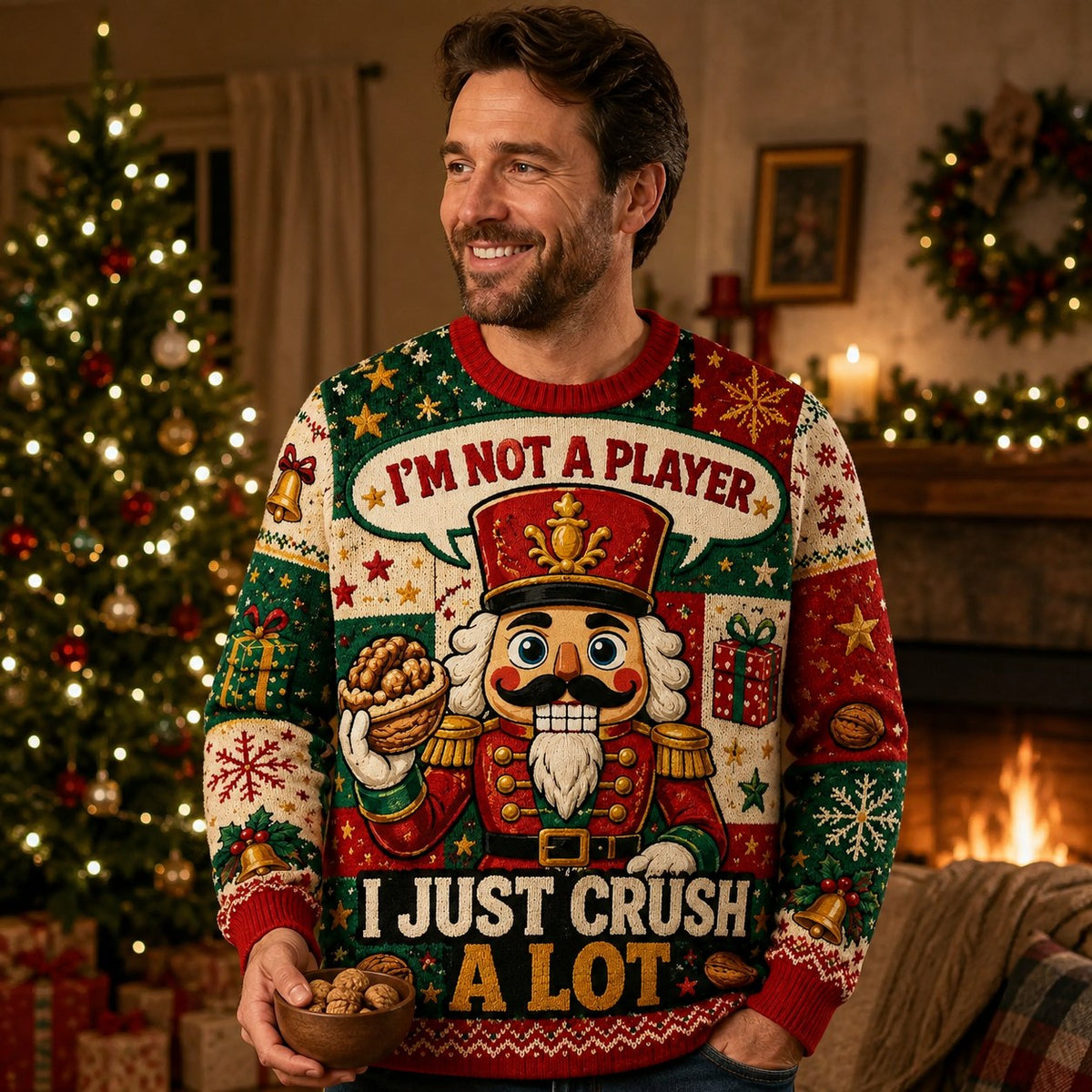 man wearing a nutcracker ugly christmas sweater in a festive living room