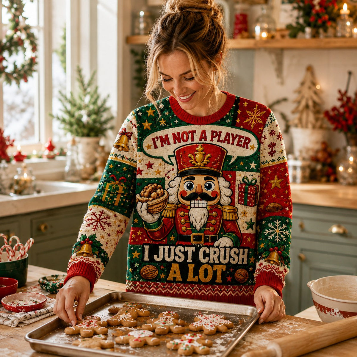 woman in a nutcracker holiday jumper decorating cookies in a christmas kitchen