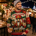 man in a beanie and nutcracker christmas sweater holding coffee at an