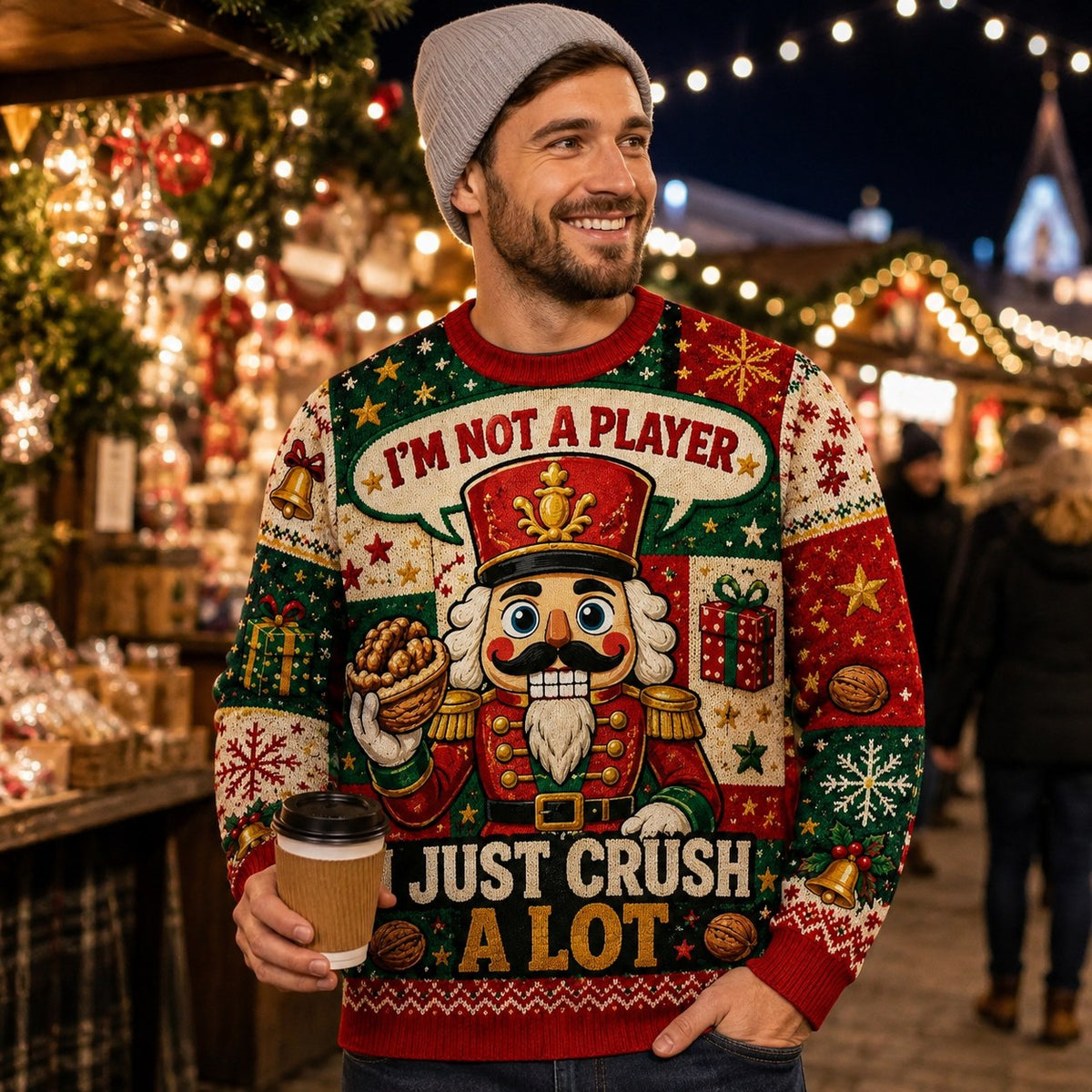 man in a beanie and nutcracker christmas sweater holding coffee at an