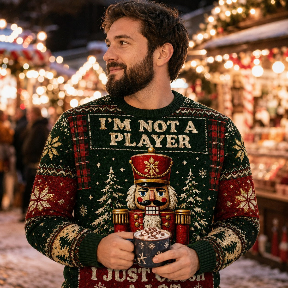 man at a christmas market wearing the nutcracker i'm not a player