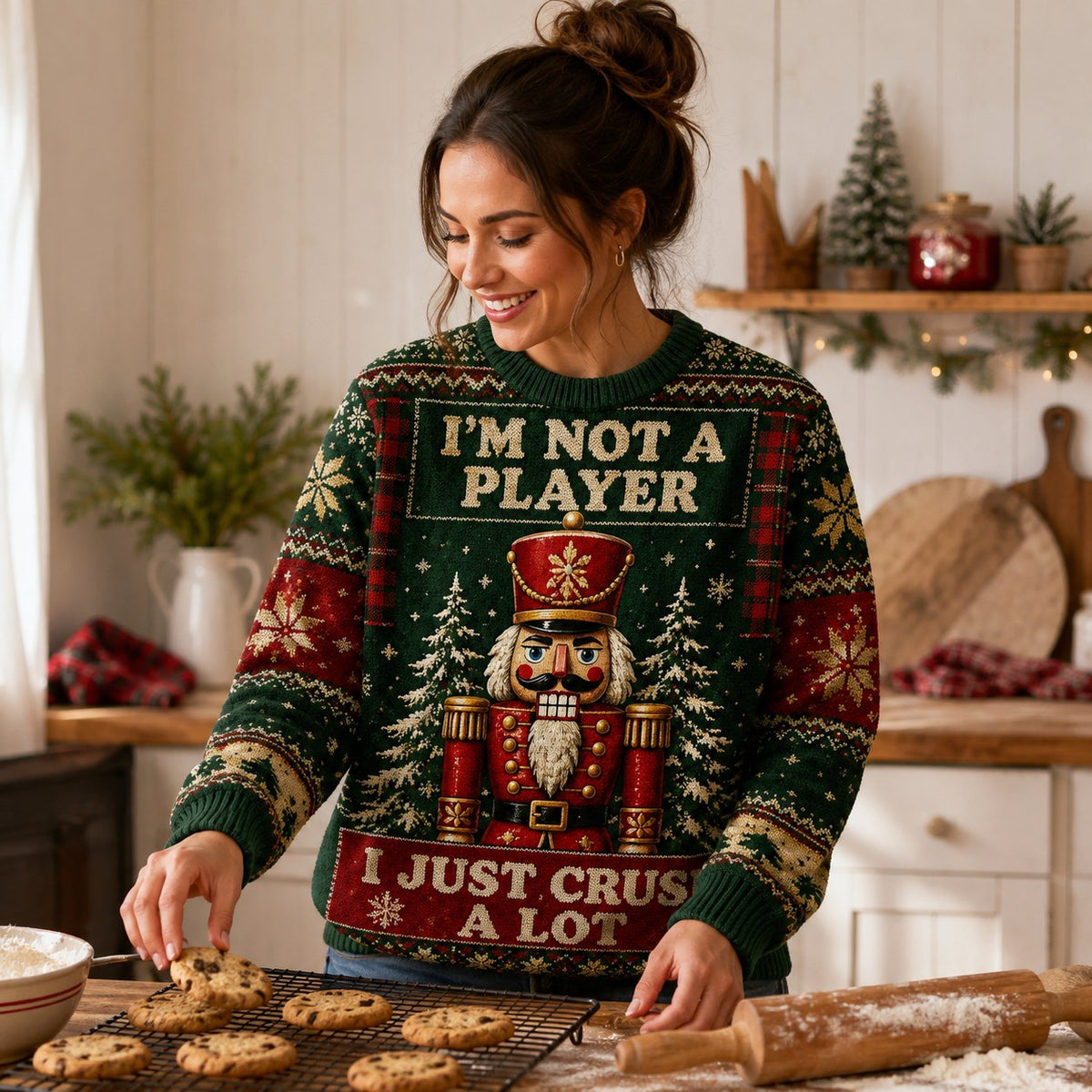 woman in a kitchen baking cookies wearing the nutcracker crush a lot