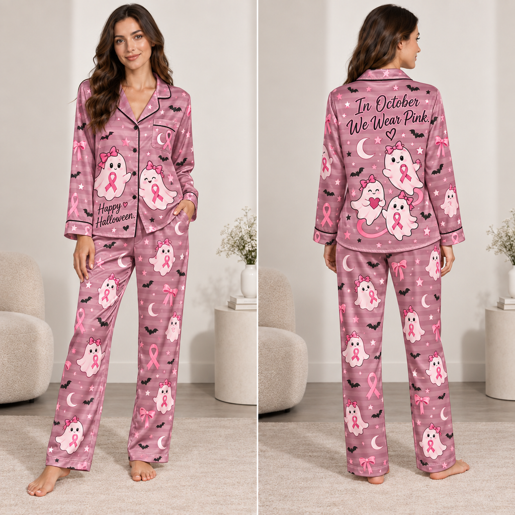 front view of pink satin halloween pyjamas with breast cancer ghost print