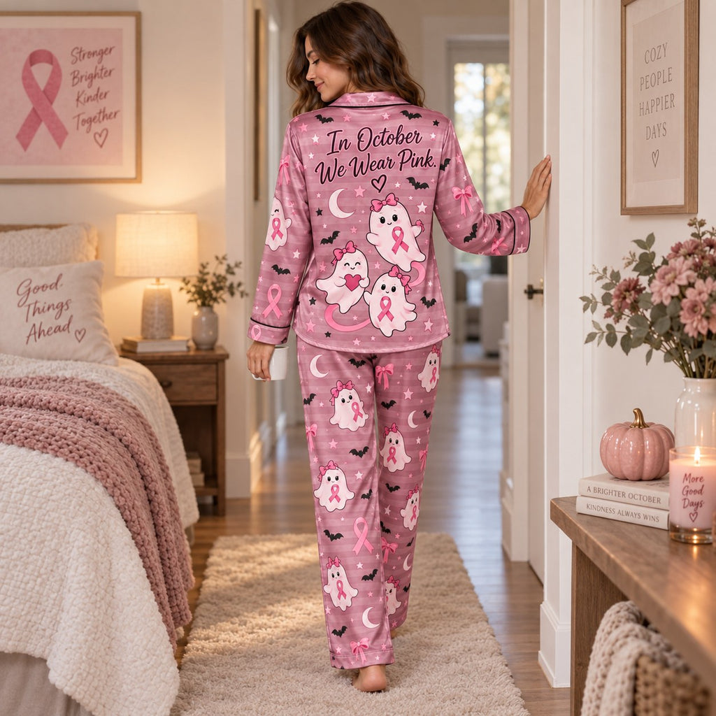 In October We Wear Pink Breast Cancer Ghost Halloween Satin Pyjamas, Happy Halloween Sleepwear, Gifts For Her