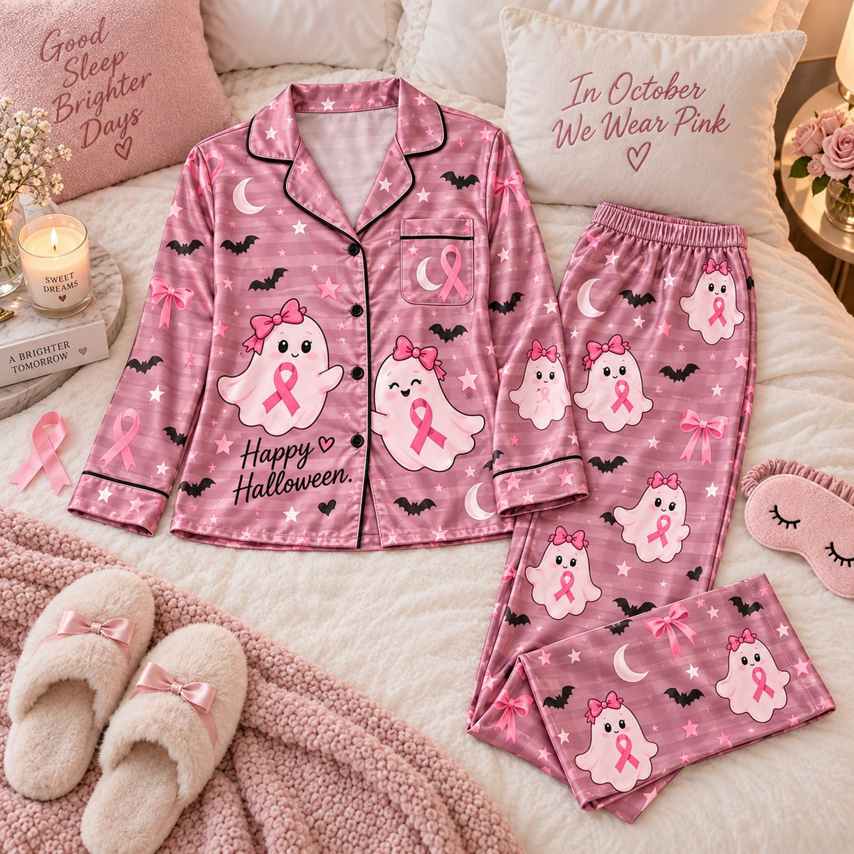 In October We Wear Pink Breast Cancer Ghost Halloween Satin Pyjamas, Happy Halloween Sleepwear, Gifts For Her