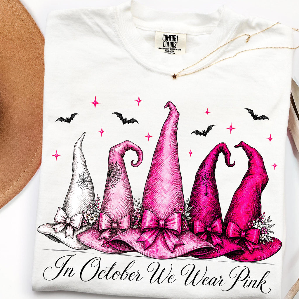 in october we wear pink witch hats breast cancer awareness graphic tee