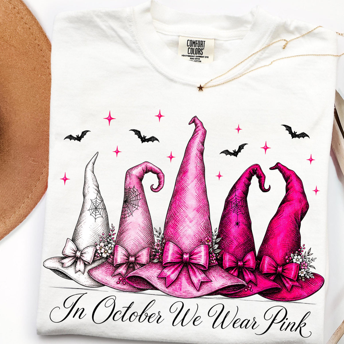 in october we wear pink witch hats breast cancer awareness graphic tee
