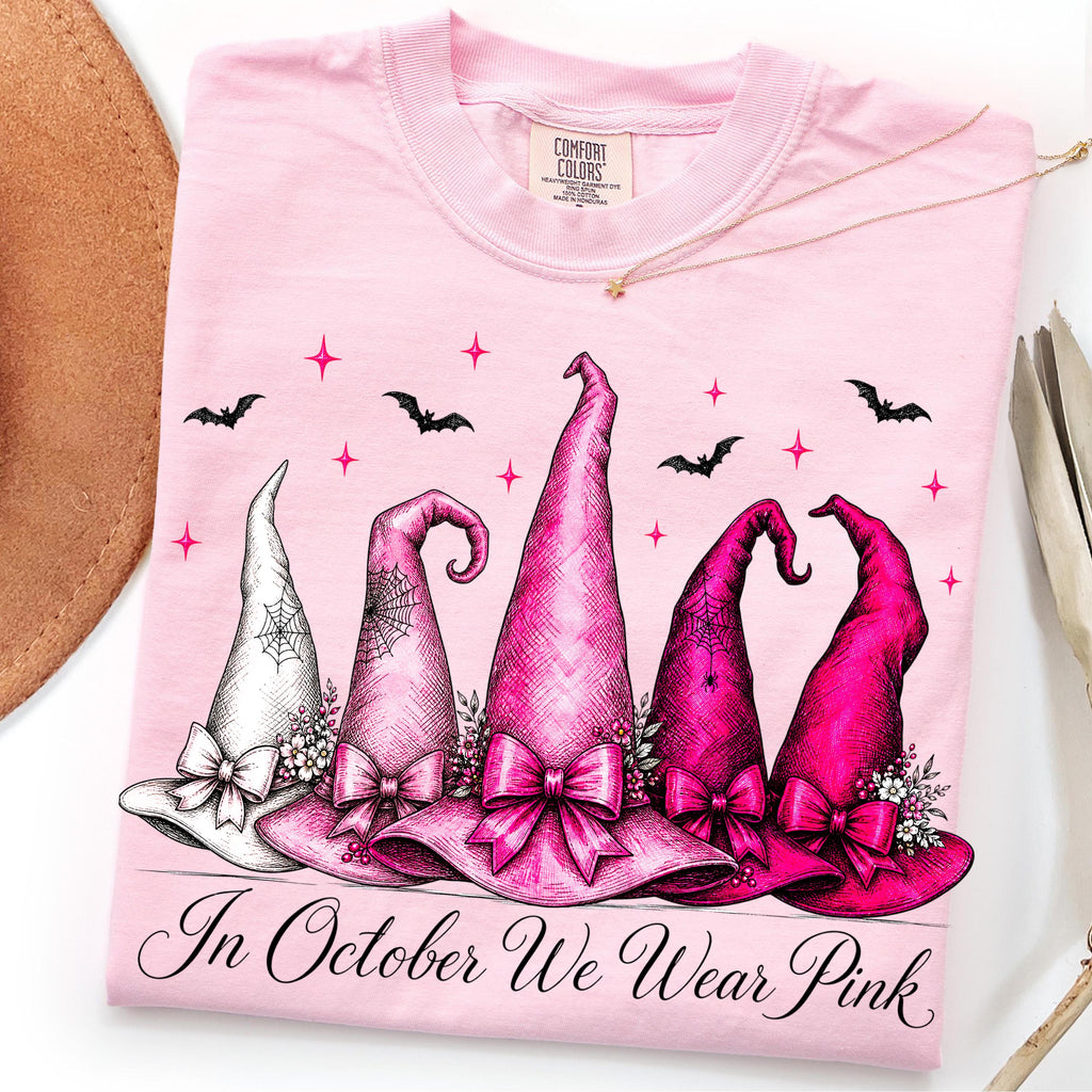 in october we wear pink witch hats breast cancer awareness graphic tee