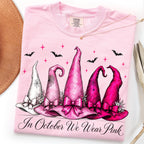 in october we wear pink witch hats breast cancer awareness graphic tee