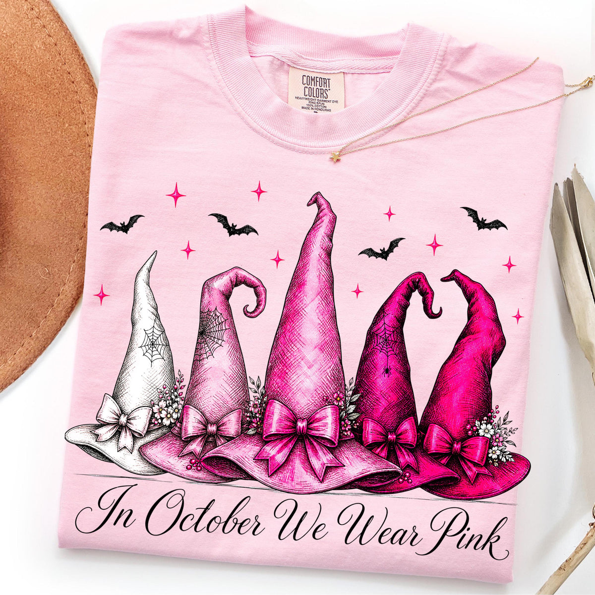 in october we wear pink witch hats breast cancer awareness graphic tee