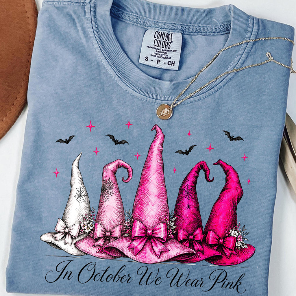 in october we wear pink witch hats breast cancer awareness hoodie in
