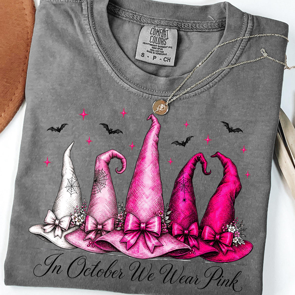 in october we wear pink witch hats breast cancer awareness hoodie in