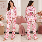 satin pajama set with In October We Wear Pink breast cancer awareness
