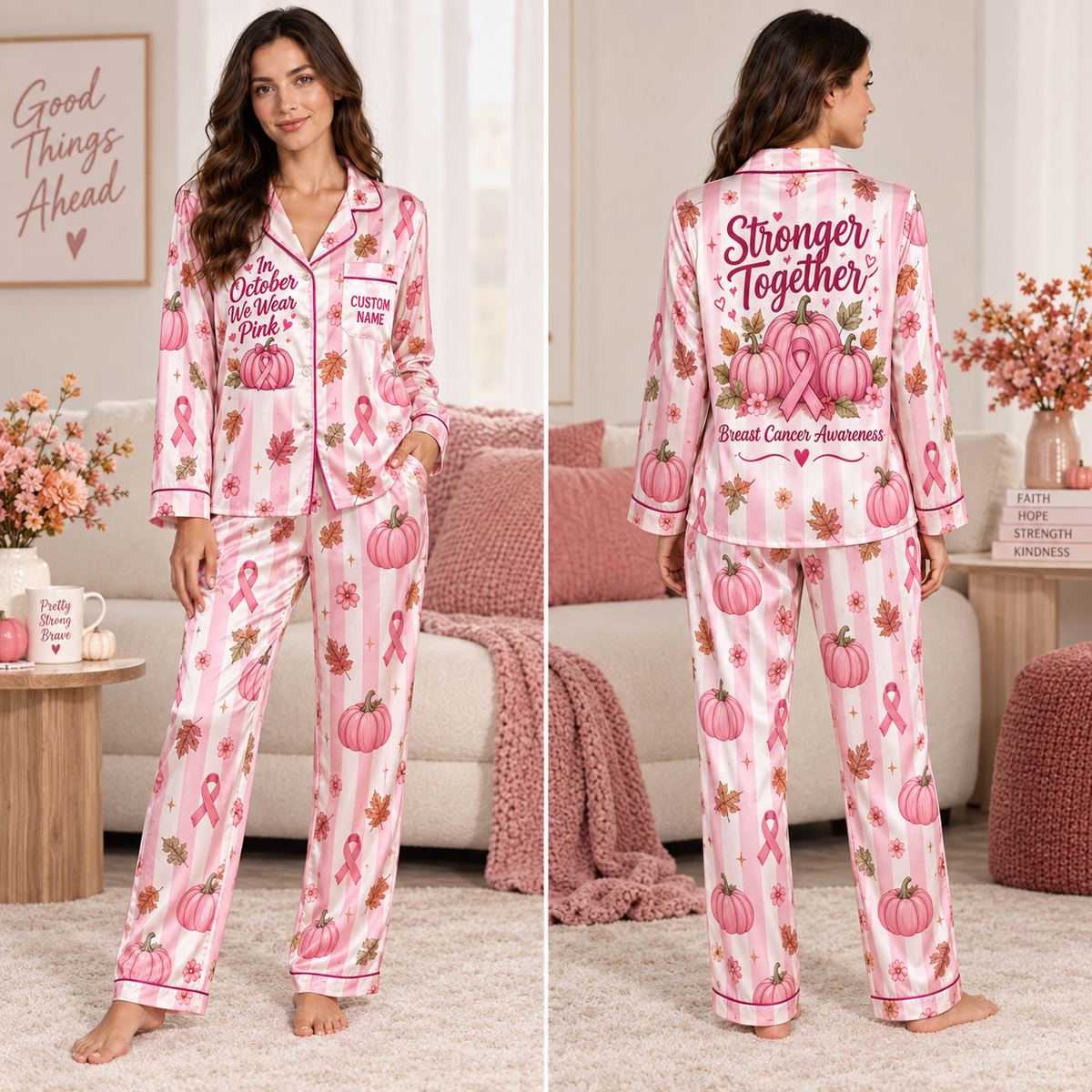 satin pajama set with In October We Wear Pink breast cancer awareness