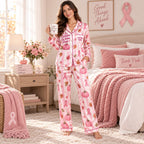 back of pink satin pajama set showing Stronger Together Breast Cancer Awareness