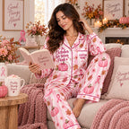front detail of breast cancer awareness satin pajama set with pink ribbon