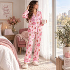 side view of pink satin sleepwear set with matching family pajamas styling