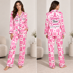 satin pajamas with pink checkered breast cancer awareness print, front view